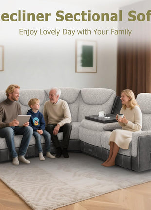Sophisticated Manual Recliner Sectional Sofa Featuring Flip Middle Backrest, USB Ports, and Cup Holders in Grey Linen & Chocolate Leather Finish, Seats Up to 5 Individuals