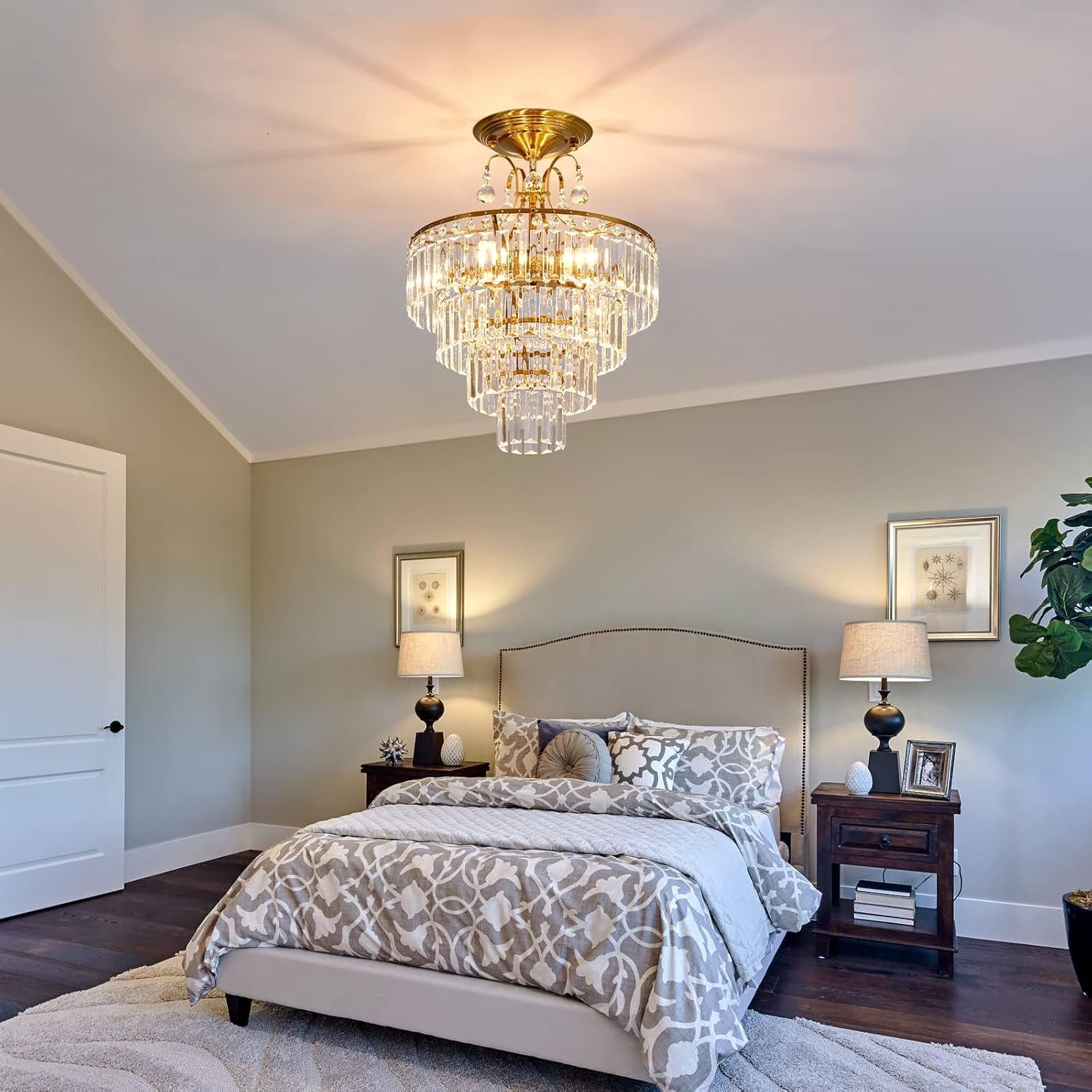 5 -Lights Crystal Gold Chandelier Fixture Modern Semi Flush Mount Ceiling Light with E12 Ceiling Lighting for Bedroom Living Room Kitchen Hallway Dining Room,D15.35 X H20.07