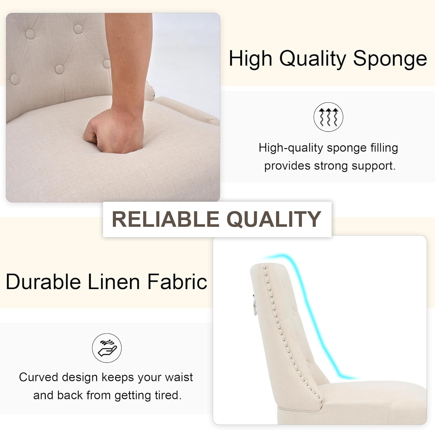 Upholstered Tufted Dining Chairs Set of 4, Fabric Side Dining Room Chairs with Nailhead Back Ring Pull Trim Solid Wood Legs, Beige