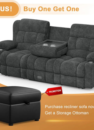Gray Loveseat Recliner Sofa with Flip Middle Backrest, Storage Drawer, USB Ports, and Cup Holders - Manual 3-Seat Couch for Living Room or RV