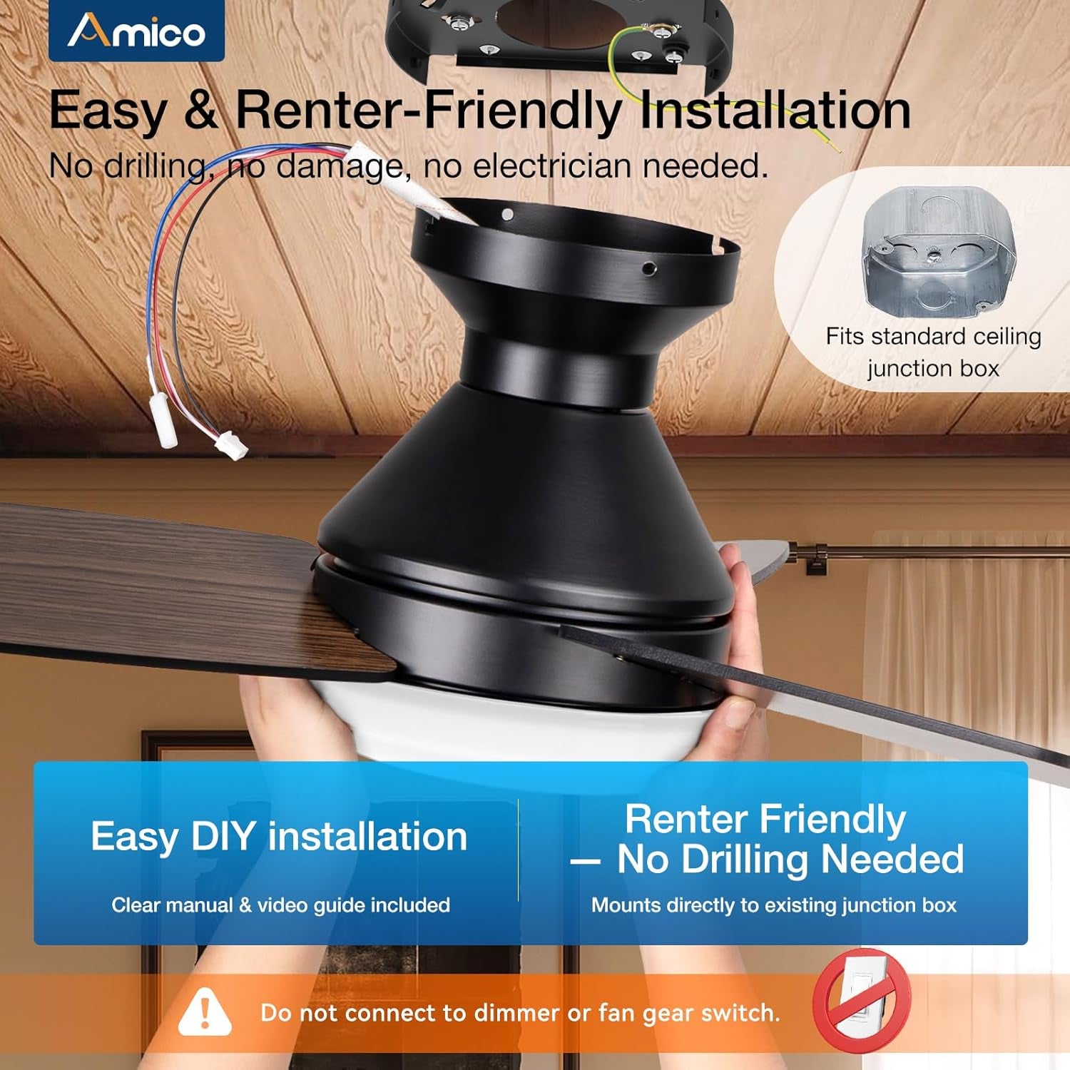 Ceiling Fans with Lights, 42 Inch Low Profile Ceiling Fan with Light and Remote Control, Flush Mount, Reversible, 3CCT, Dimmable, Noiseless, Black Ceiling Fan for Bedroom, Indoor/Outdoor Use