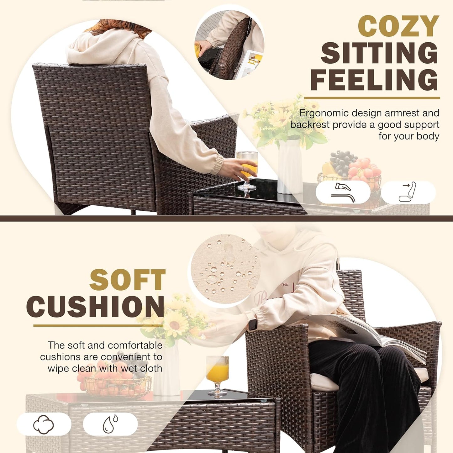 4 Pieces Outdoor Patio Furniture Sets Rattan Chair Wicker Set,Outdoor Indoor Use Backyard Porch Garden Poolside Balcony Furniture (Brown and Beige)