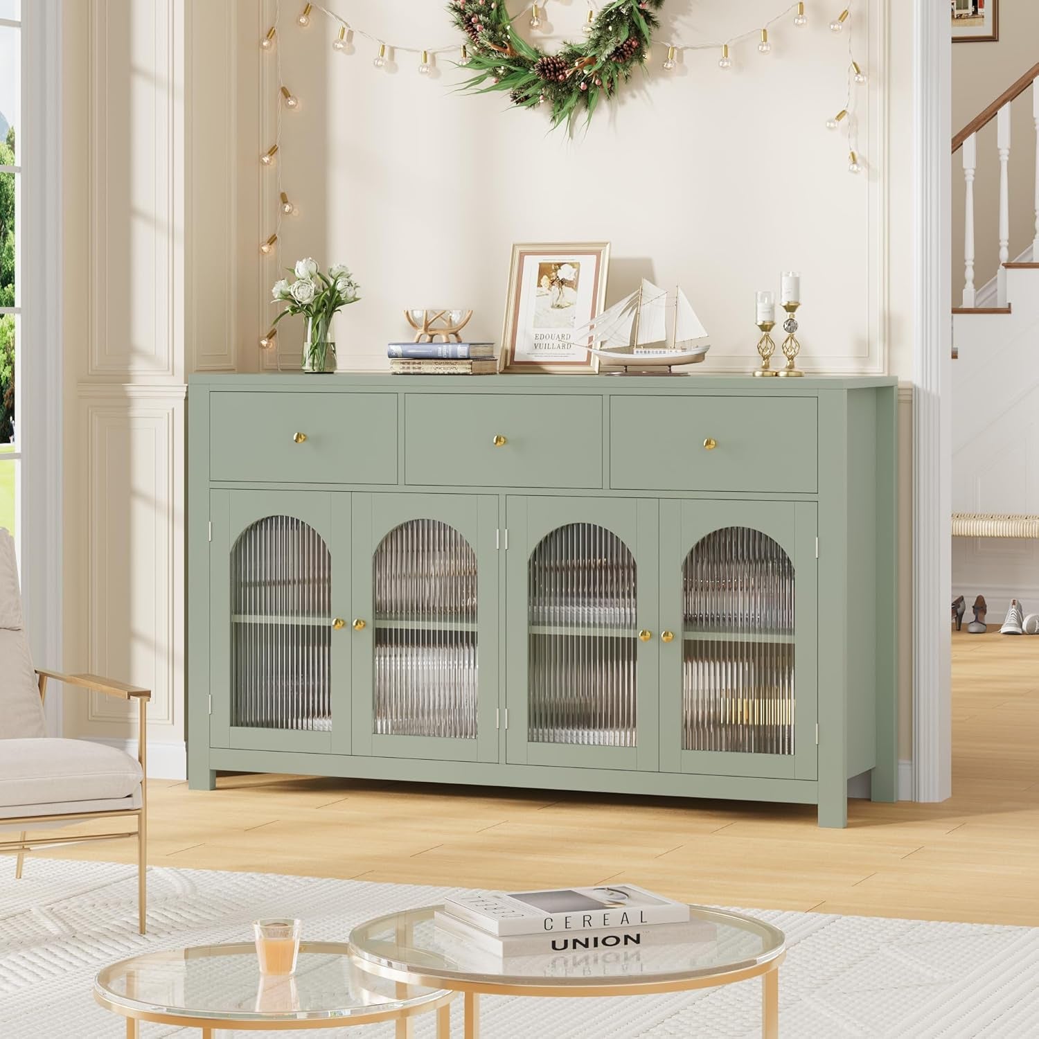Buffet Cabinet with Storage, 55.1" Large Sideboard Buffet, Farmhouse Kitchen Cabinet with 3 Drawers and 4 Doors, Wood Coffee Bar Table for Kitchen, Green