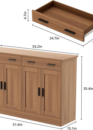 53-Inch Rustic Brown Buffet Cabinet with Ample Storage - Contemporary Kitchen Sideboard Server with 2 Drawers and 4 Doors, Perfect for Dining Room, Living Room, or Hallway