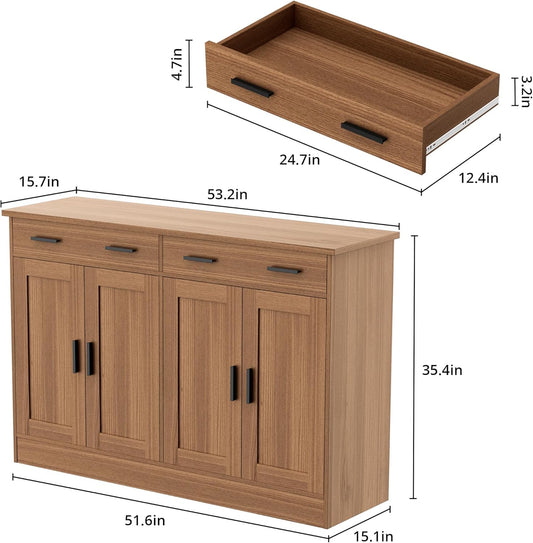 53" Rustic Brown Buffet Cabinet with Storage, Kitchen Sideboard Buffet Server with 2 Drawers & 4 Doors, Modern Coffee Bar Cabinet Credenza for Dining Room, Living Room, Hallway