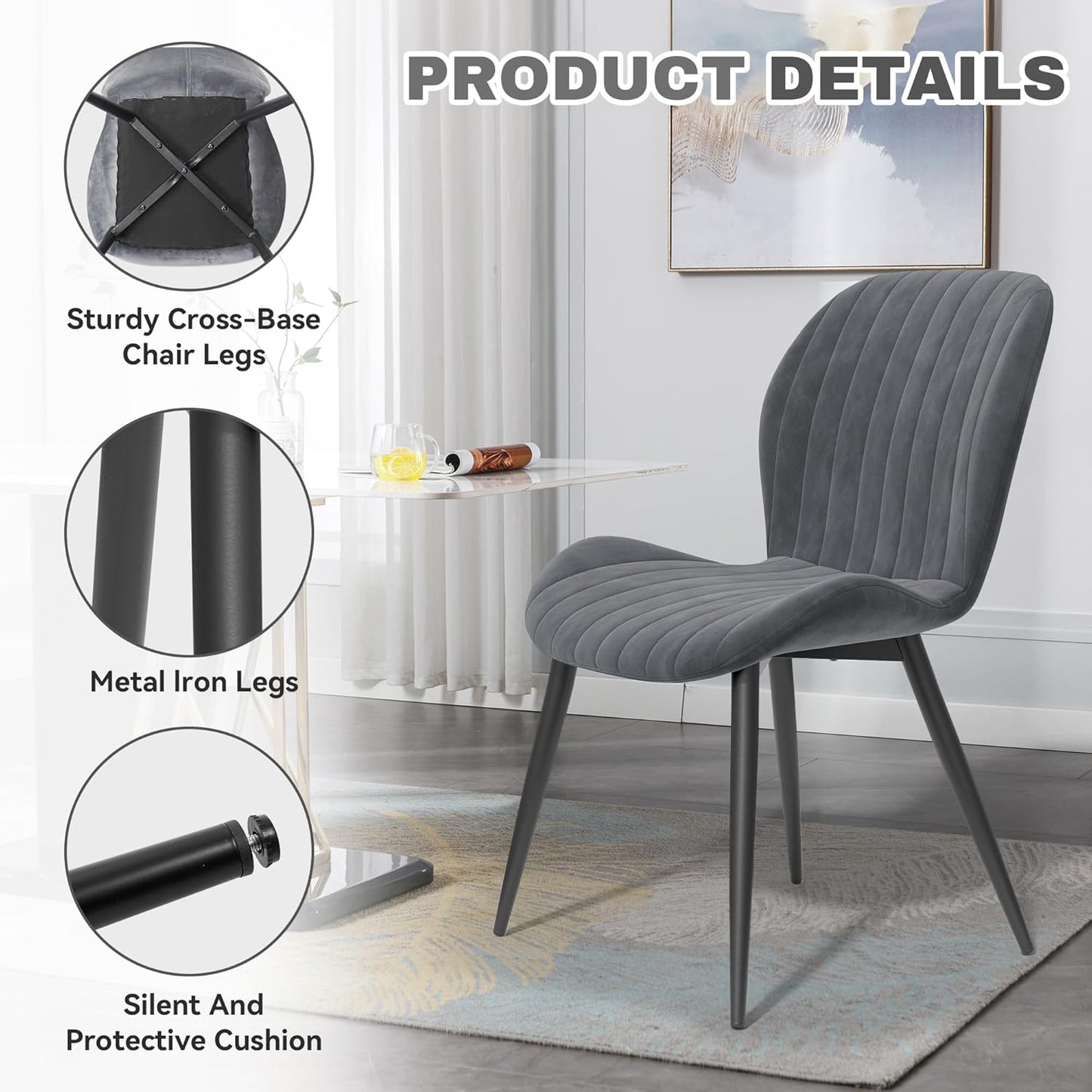 Dining Chairs Set of 4 Modern Velvet Dining Room Chairs Upholstered Dining Chairs with Thick Cushions Metal Legs Armless Back Chair for Kitchen and Living Room Dark Gray