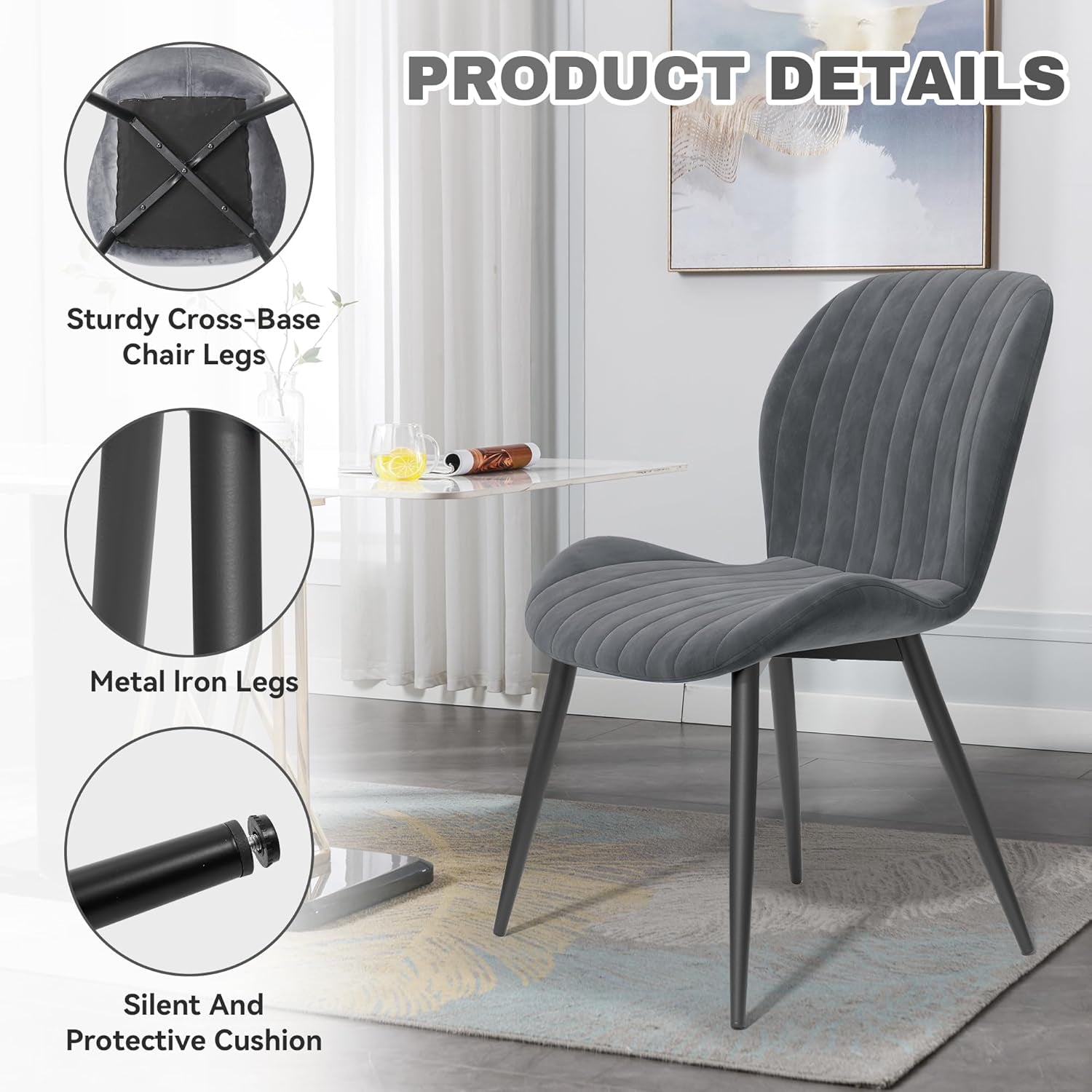 Dining Chairs Set of 4 Modern Velvet Dining Room Chairs Upholstered Dining Chairs with Thick Cushions Metal Legs Armless Back Chair for Kitchen and Living Room Dark Gray