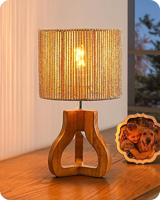 Small Table Lamp, Rose Wood Tripod Nightstand Lamp, Handwoven Paper Rope Shade, 14.6" Rattan Bedside Lamp for Bedroom Living Room, Office, On-Off Line Switch, E26 Base(Bulb Not Included)