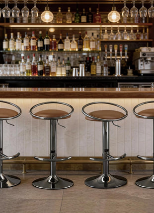 Set of 2 Adjustable Swivel Counter Height Bar Stools with Upholstered PU Leather Seats in Gloss Black for Bar, Kitchen Island, and Dining Room Use
