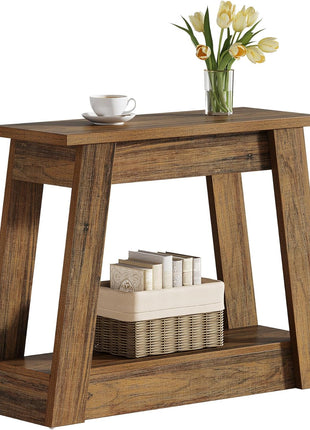 Rustic Brown Wooden End Table with Dual Storage Shelves - Slim Accent Nightstand for Living Room and Bedroom