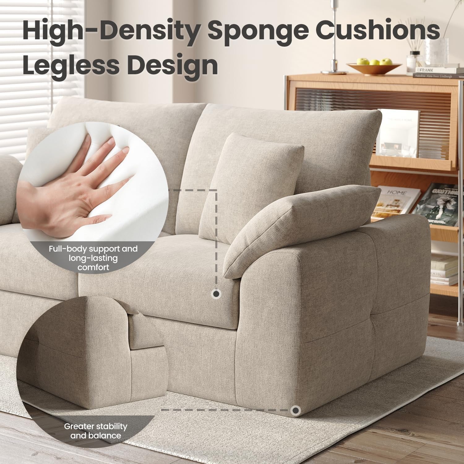 75.6" Modern Loveseat Sofa for Living Room, Cloud Boneless Couches with 4 Pillows, Mid Century Loveseat Couches for Small Place, No Assembly Required, Camel