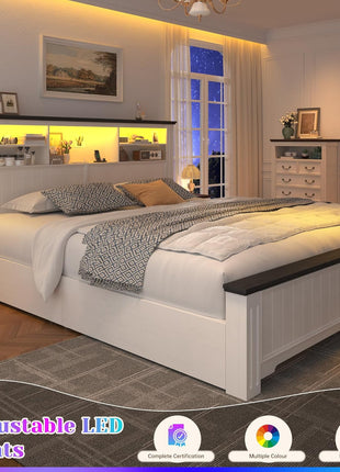 King Size Bed Frame with Headboard and Storage, Featuring 4 Drawers and Built-in LED Charging Station, Noise-Free Design, No Box Spring Required, White Farmhouse Style