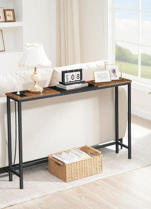 44.9-Inch Slim Console Table with Power Outlets, Rustic Brown and Black Finish, Ideal for Living Room, Foyer, and Hallway, Model BF114UXG01