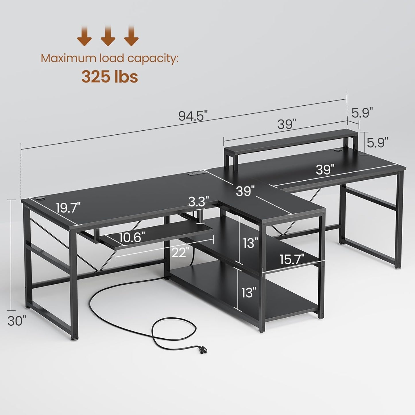 94.5" Office Computer Desk, 2 Person Gaming Desk with Storage, LED Lights, Keyboard Tray, Power Strip with USB & Monitor Stand, Long Two Person Desk for Home Office, Black