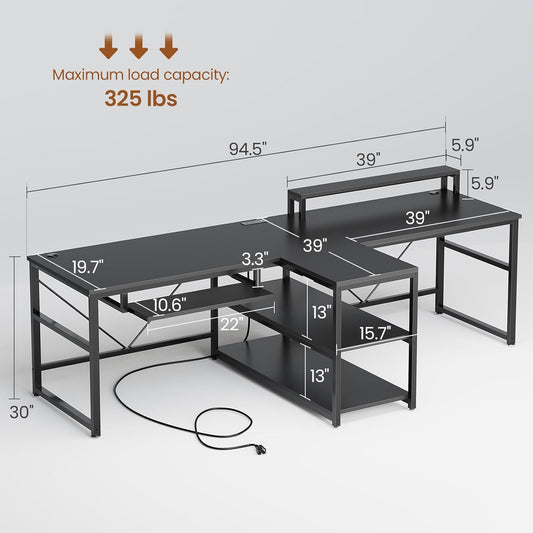 94.5" Office Computer Desk, 2 Person Gaming Desk with Storage, LED Lights, Keyboard Tray, Power Strip with USB & Monitor Stand, Long Two Person Desk for Home Office, Black