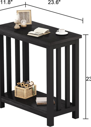 Set of 2 Black Narrow End Tables with Storage Shelf for Compact Spaces