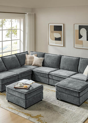 Oversized Modular Sectional Sofa - 8-Seat U-Shaped Couch with Storage Ottoman, Comfortable Chenille Fabric, Deep Seat, Convertible Design for Living Room, Grey