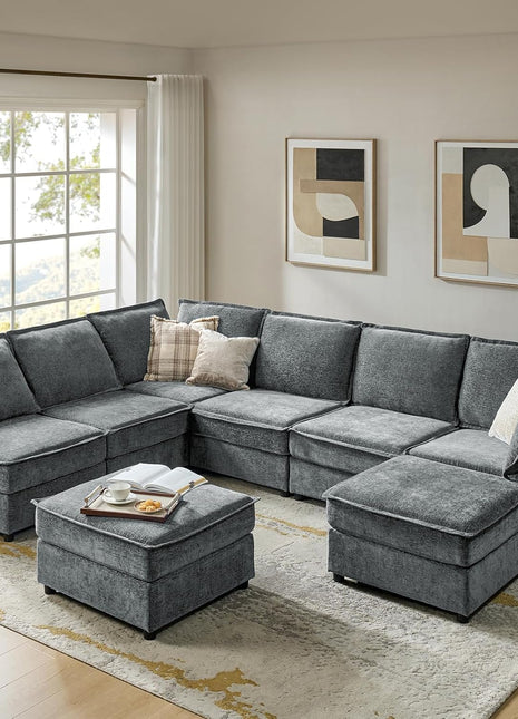 Oversized Modular Sectional Sofa - 8-Seat U-Shaped Couch with Storage Ottoman, Comfortable Chenille Fabric, Deep Seat, Convertible Design for Living Room, Grey