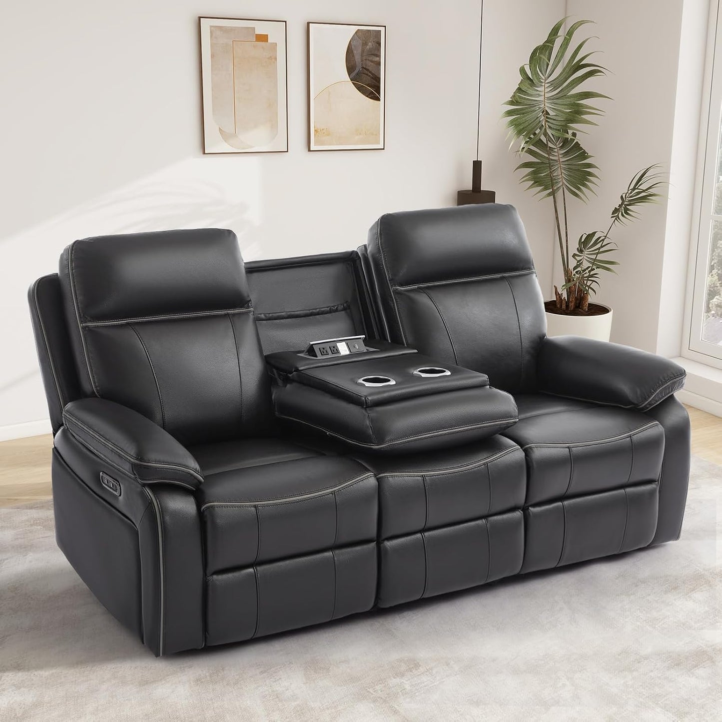 Power Reclining Sofa with Fold down Table, Breathable Leather Electric Reclining Couch, Power Loveseat Recliner Sofa with Cup Holders/Outlets/Usb-C/A Ports for Living Room (Black, 3 Seat)