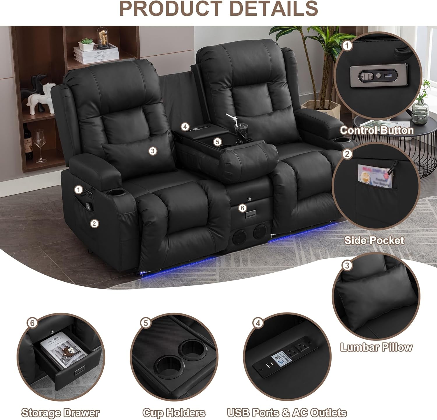 Power Loveseat Recliner Sofa with Massage & Heat Home Theater Seating with Console RV Recliner Loveseat Sofa with Usb/Outlet/Storage/Side Pocket/Led Light/Speaker (Black, Loveseat)
