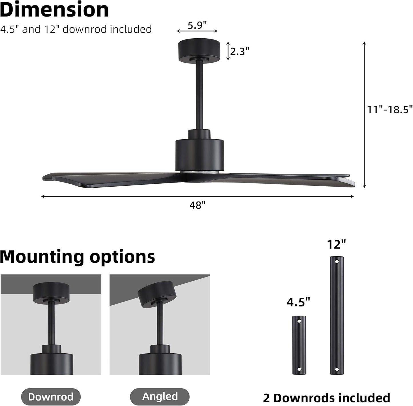 48" DC Ceiling Fan No Light - 5 Carved Solid Wood Blades, 6-Speed Reversible DC Motor, Ceiling Fan without Lights for Living Room Bedroom Kitchen Patio, Indoor and Outdoor, Matte Black