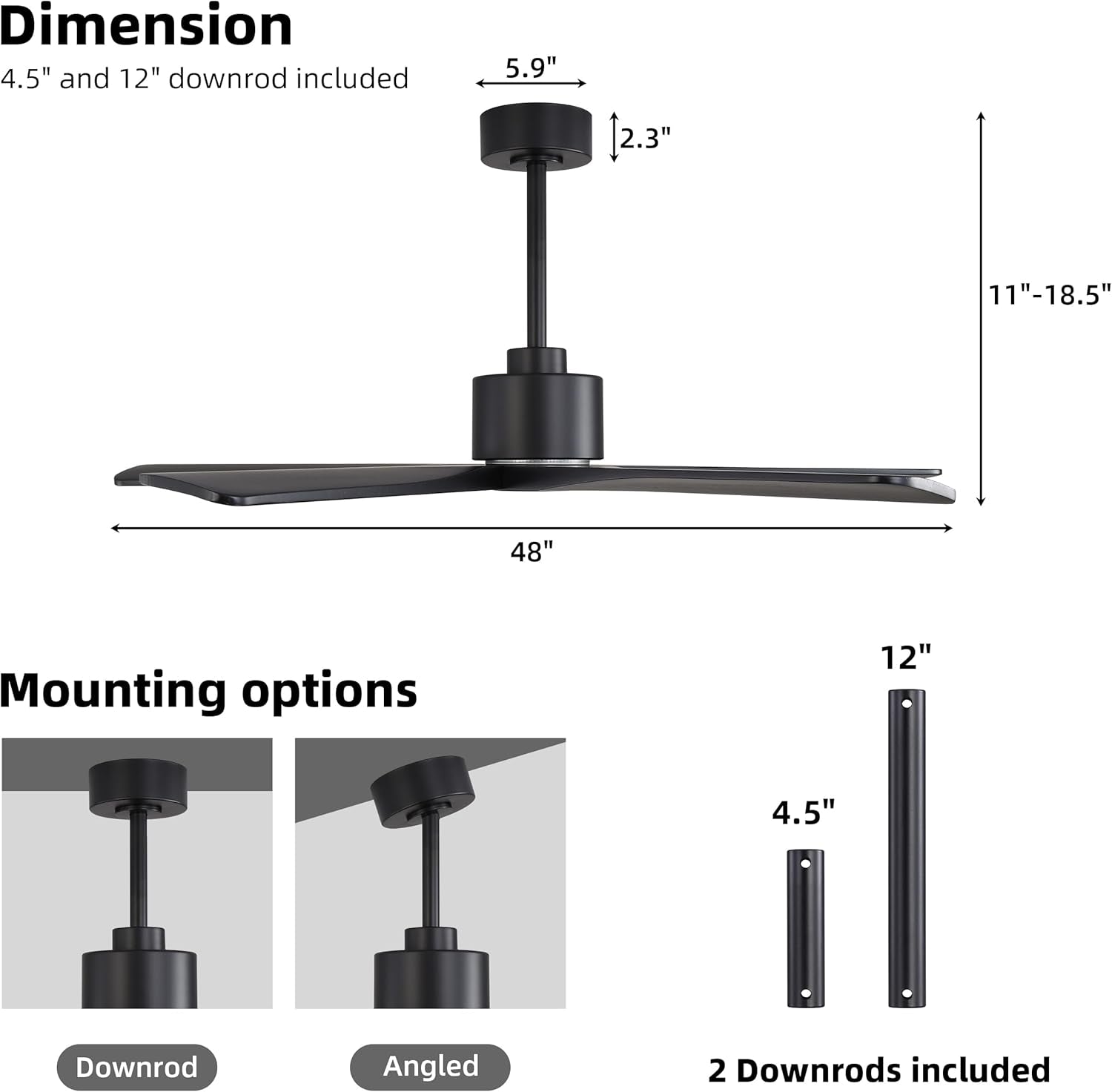 48" DC Ceiling Fan No Light - 5 Carved Solid Wood Blades, 6-Speed Reversible DC Motor, Ceiling Fan without Lights for Living Room Bedroom Kitchen Patio, Indoor and Outdoor, Matte Black