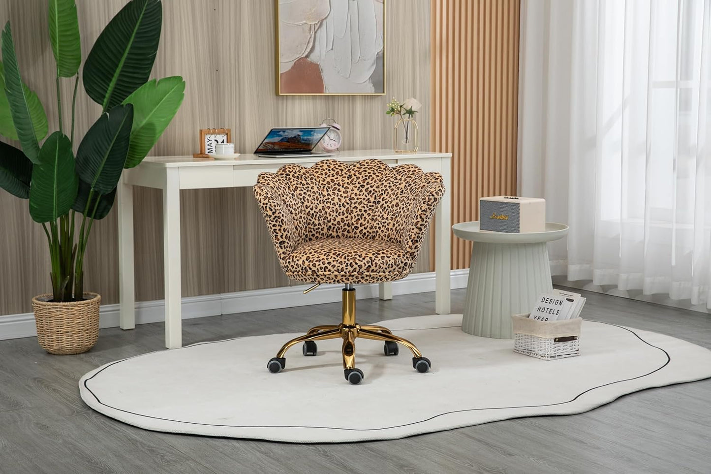 Comfy Home Office Task Chair with Wheels, Cute Modern Upholstered Velvet Seashell Back Adjustable Swivel Vanity Desk Chair, for Women, for Girls, Living Room(Leopard Stripe)