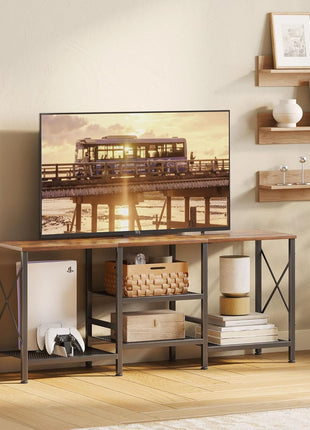 55-Inch Rustic Brown TV Stand with 3-Tier Open Shelves for Living Room and Bedroom
