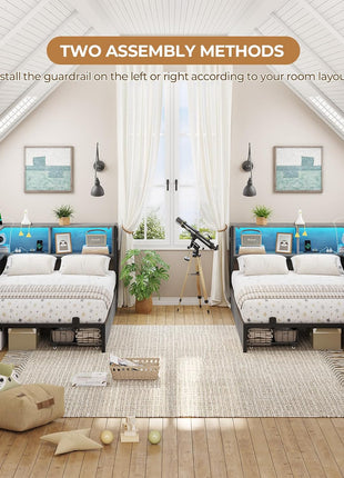 Twin Size Metal Platform Bed Frame with Bookcase Storage Headboard, LED Lights, Storage Drawers, and Charging Station in Oak Gray for Kids and Teens