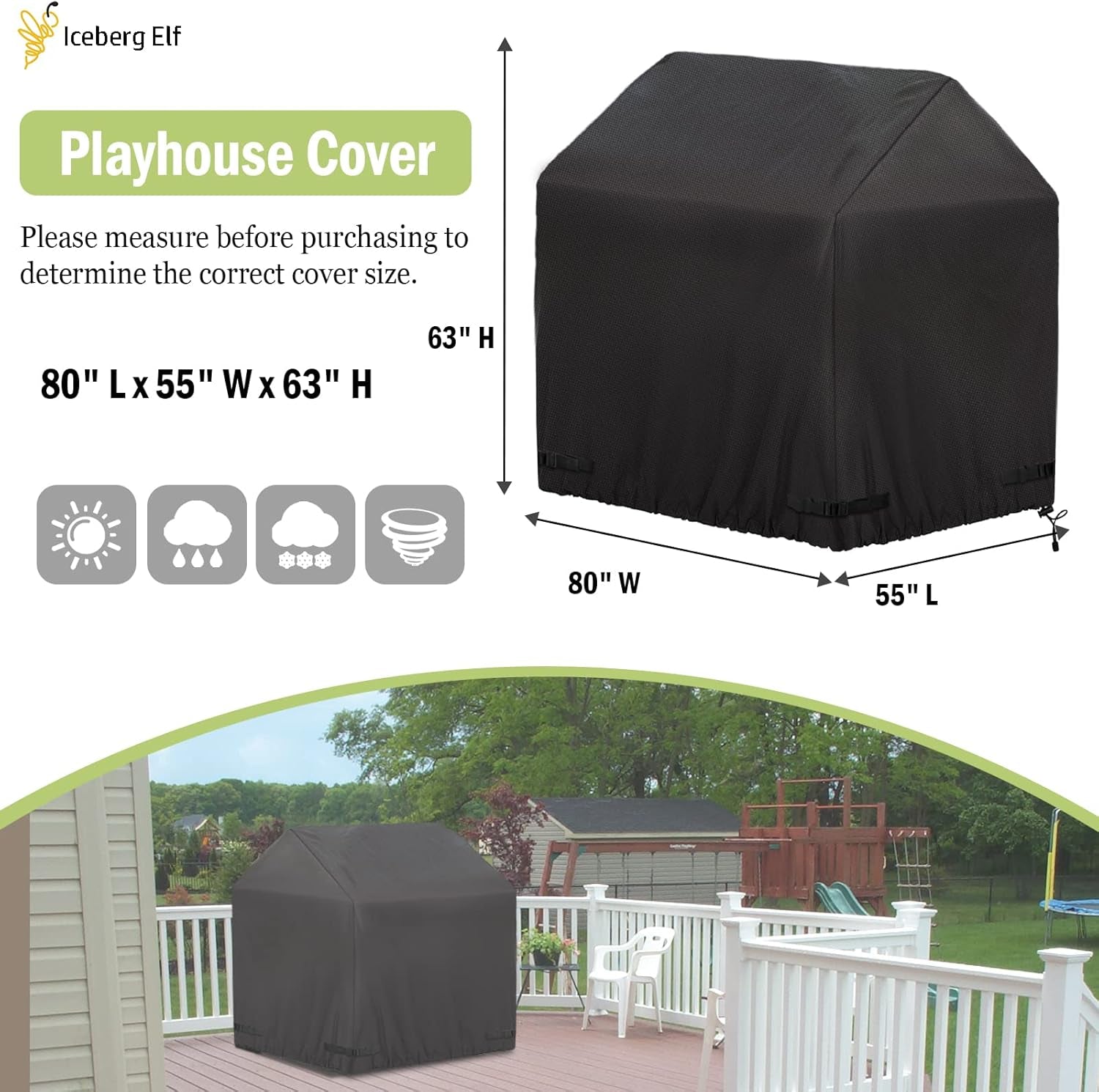 Large Outdoor Playhouse Covers Waterproof, 80" L X 55" W X 63" H Sun Protection Dust, 420D Heavy Duty Oxford Fabric,Large Playhouse Cover,Black