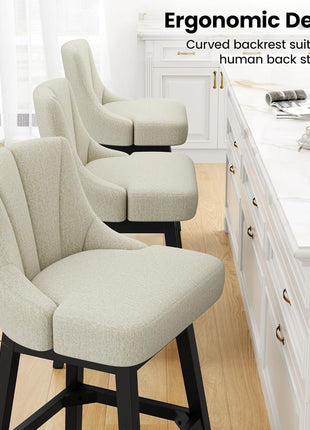 Set of 2 Modern Fabric Upholstered Swivel Bar Stools, 26" Counter Height Chairs with Back and Solid Wood Legs for Home Bar and Dining Room, Linen