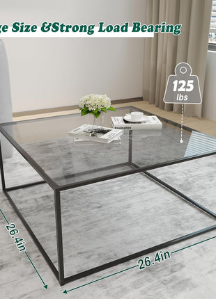 Contemporary Square Glass Coffee Table for Living Room - Tempered Glass Surface with Durable Metal Frame, Perfect for Compact Spaces, Easy Assembly, 26.4 x 26.4 x 15.7 Inches, Gray and Black
