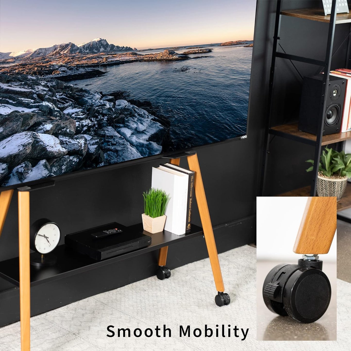 Rolling Artistic 43 to 75 Inch LED LCD Screen Mobile Studio TV Easel Stand, Wood Accessory Shelf, Adjustable TV Mount with 4 Walnut Legs, Black Frame, STAND-TV75R