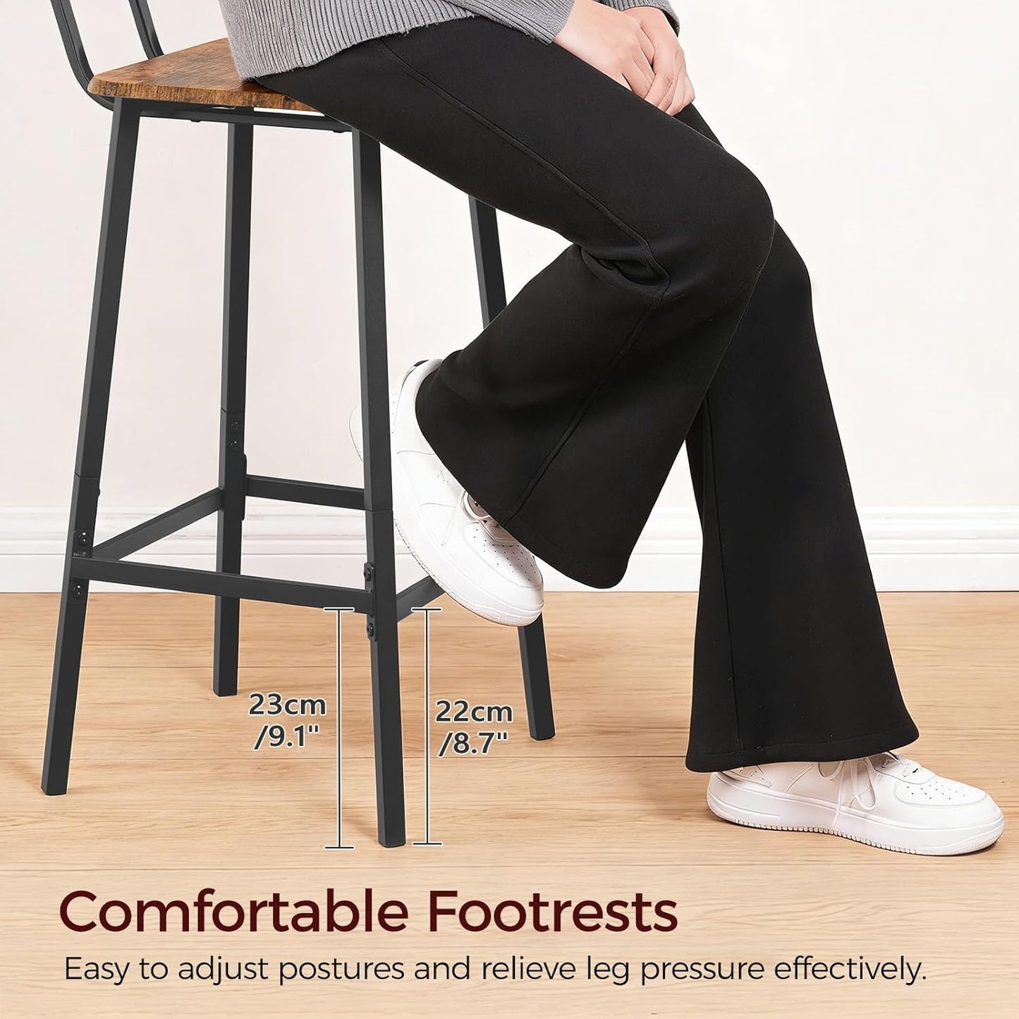 Bar Stools, Set of 2 Bar Chairs with Backrest and Footrest, 26" Breakfast Chairs, Counter Stools for Bar, Living Room, Kitchen, and Dining Room, Rustic Brown and Black BAHR05101