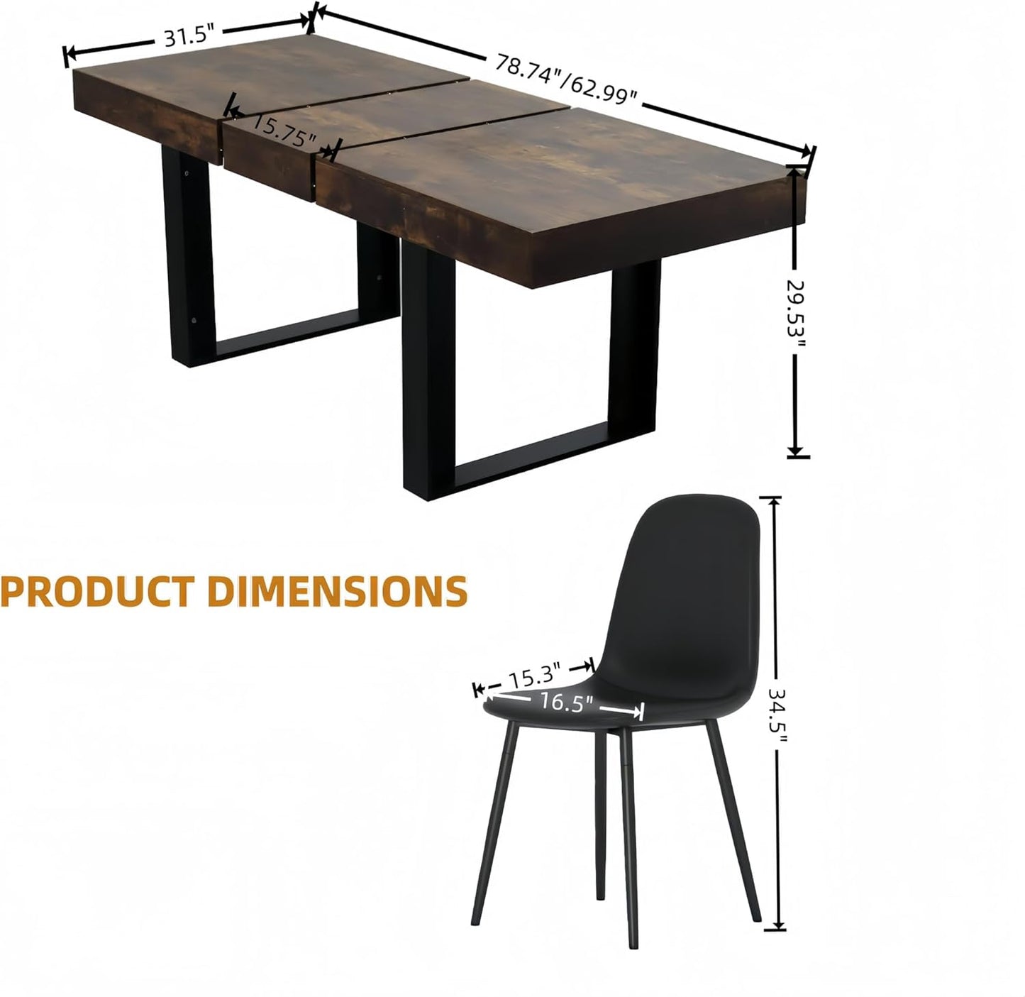 63"-79" Expandable Dining Table Set for 6, Wood Rectangle Dining Table and 6 Black PU Chairs, Sturdy Metal Legs,Suitable for Home,Kitchen Dining Room Living Room,Easy Assemble and Clean