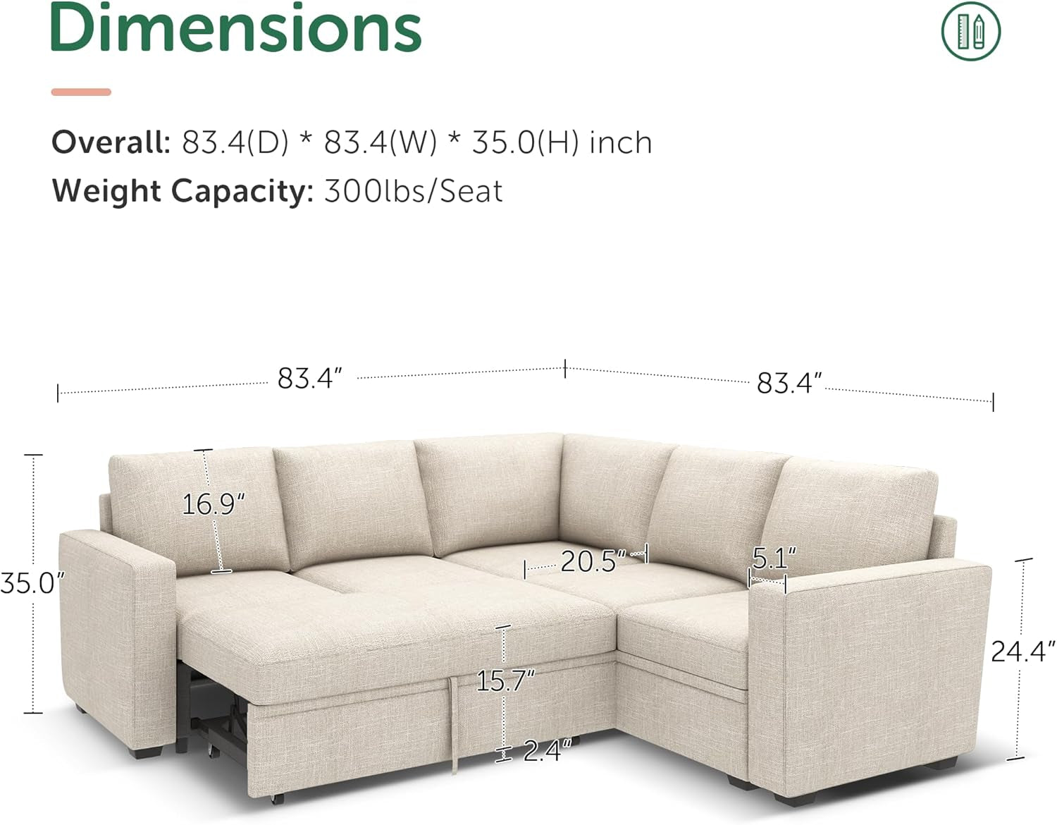 Modular Sectional Sleeper Sofa with Pull Out Bed, L Shaped Couch with Storage Seat, Convertible Sectional Couches for Living Room, Beige