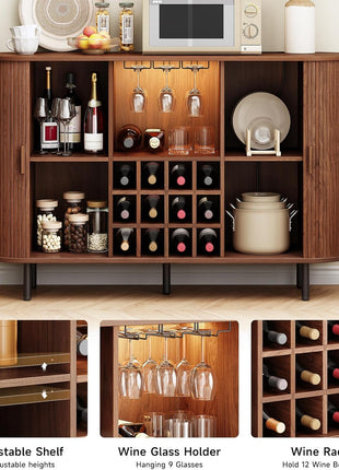 55-Inch Contemporary Wine Bar Cabinet with LED Lighting, Wine Rack, and Glass Holder - Farmhouse Buffet Sideboard for Living Room, Kitchen, and Entryway in Walnut Finish