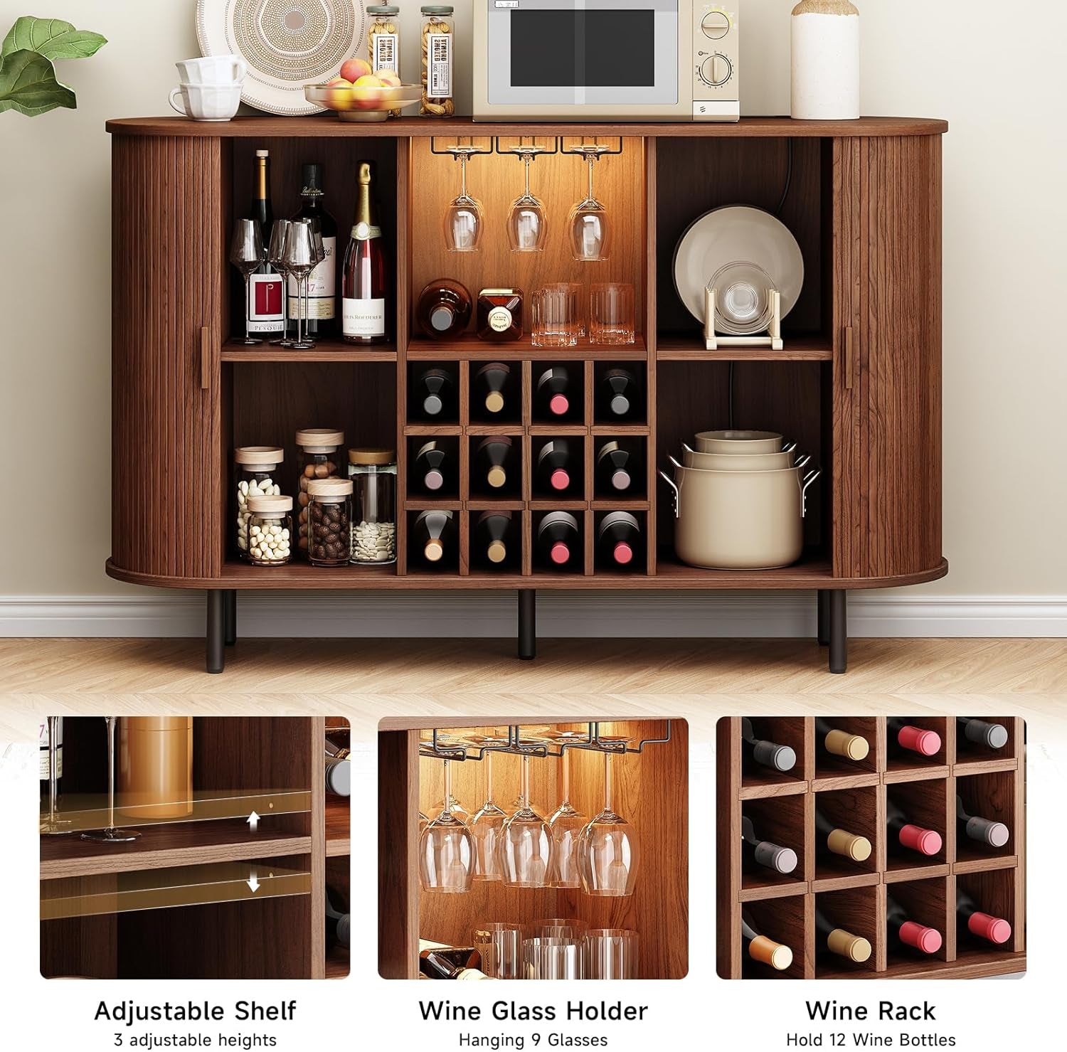 55" Wine Bar Cabinet with LED Light,Modern Liquor Whiskey Coffee Station with Wine Rack and Glass Holder, Farmhouse Buffet Sideboard with Storage for Living Room, Kitchen, Entryway (Walnut)