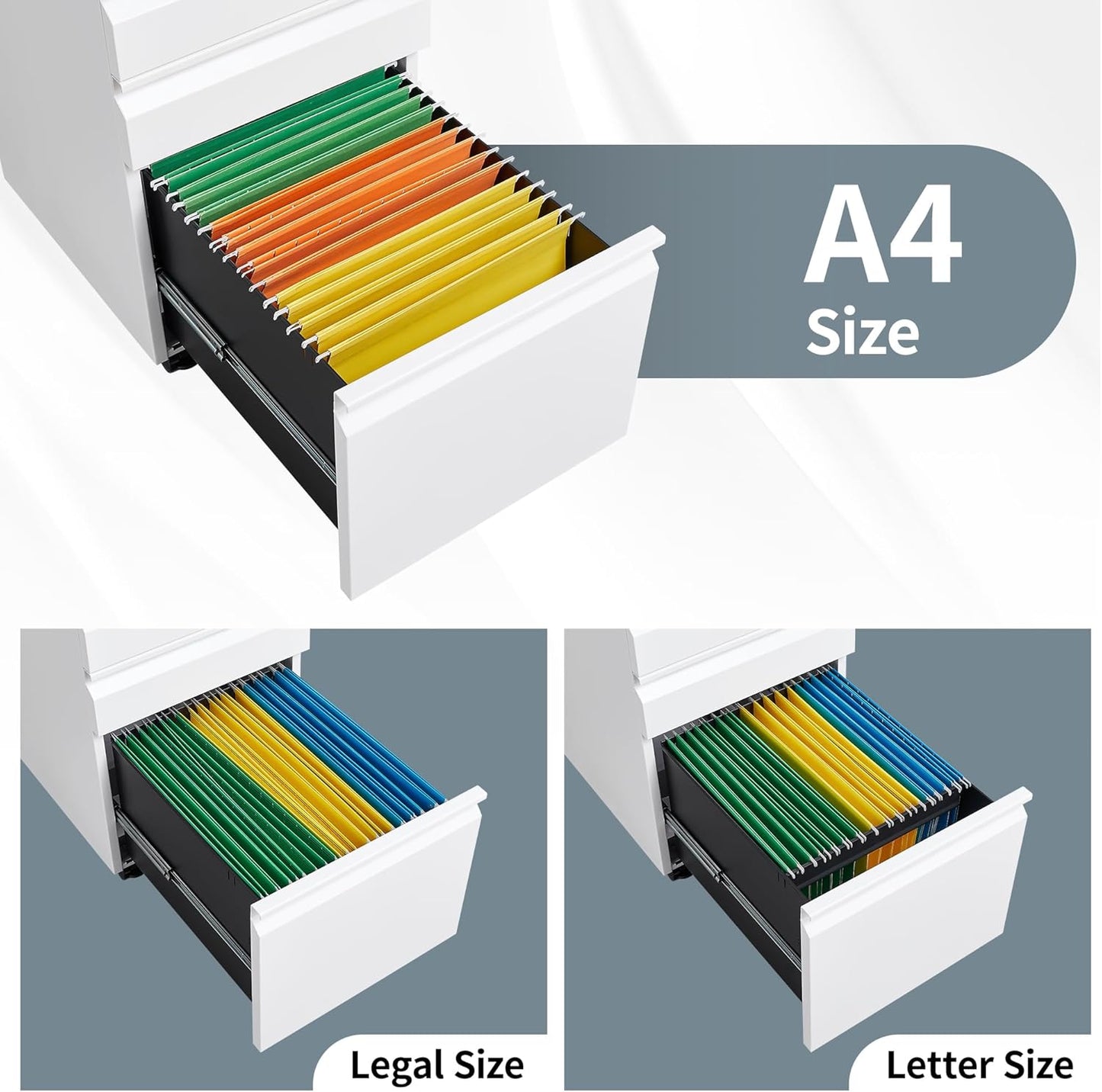 Mobile File Cabinet for Home Office, Lockable 3 Drawer Filing Cabinet with Wheels for A4-Size/Letter-Size/Legal-Size, Fully Assembled except Casters, White