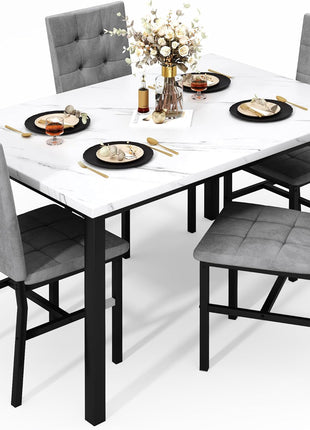 Contemporary Dining Table Set for Four with Faux Marble Surface and Velvet Upholstered Chairs, Perfect for Compact Spaces in White and Grey