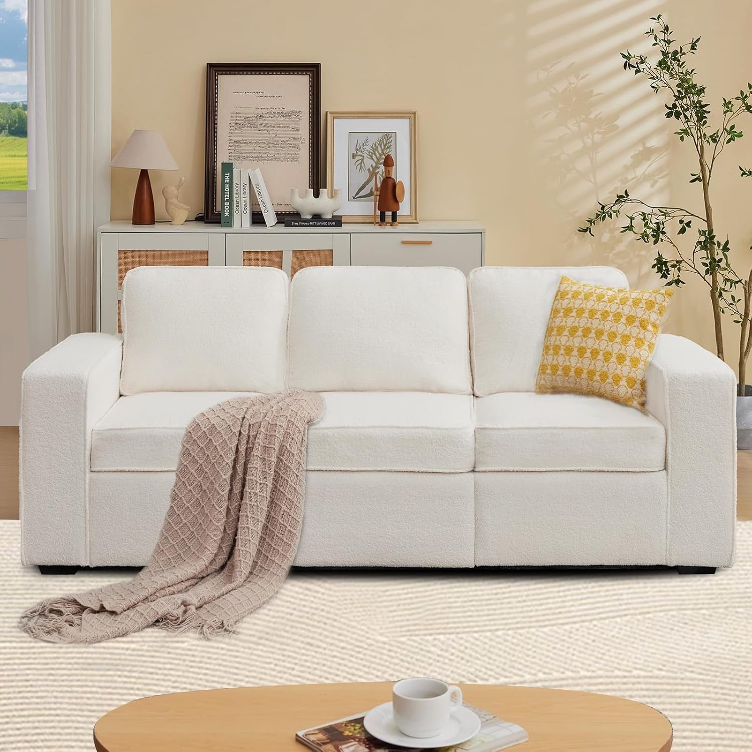 80'' Sofa Couch for Living Room, Mid Century Modern Loveseat Sofa with Side Pocket, 3-Seater Couches for Bedroom, Apartment, Office, Teddy Wool White