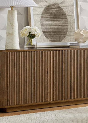 64" Wooden Fluted Sideboard Buffet Cabinet with Adjustable Shelves, Walnut Finish, Ideal for Kitchen and Living Room Storage