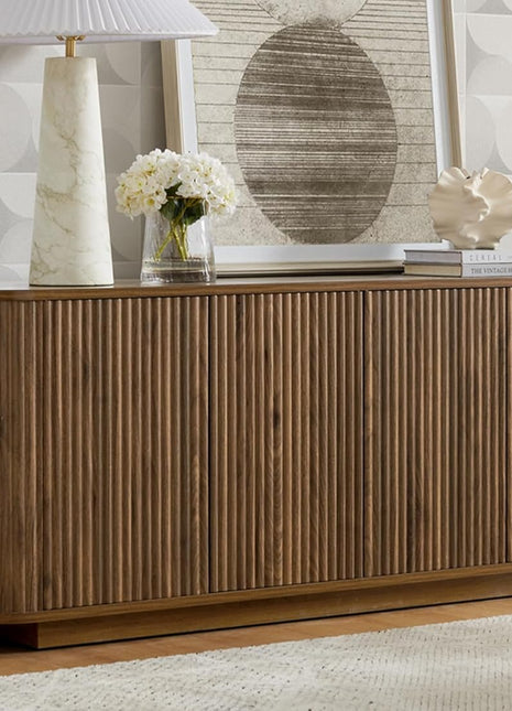 64" Wooden Fluted Sideboard Buffet Cabinet with Adjustable Shelves, Walnut Finish, Ideal for Kitchen and Living Room Storage