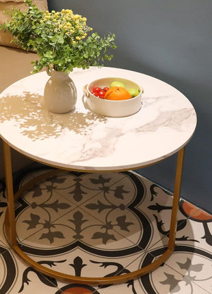 Modern Industrial Nesting Coffee Table Set of Two with Gold Frame and Marble Finish, White Circular Wooden Design for Living Room and Bedroom
