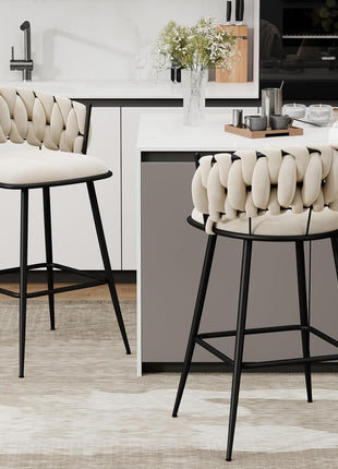 Set of 4 Contemporary 30-Inch Upholstered Bar Stools with Woven Backrest and Footrest for Kitchen and Dining Areas (Ivy)