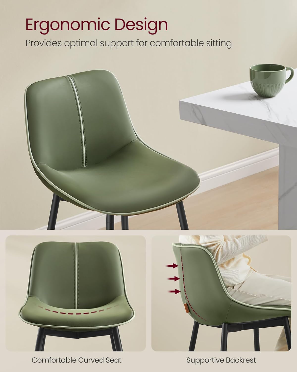 Bar Stools Set of 2, Counter Height Bar Stools with Back, Ergonomic Backrest, Synthetic Leather, Metal Legs, 24.8-Inch Tall Barstools for Kitchen Island Home Bar, Easy Assembly, Forest Green