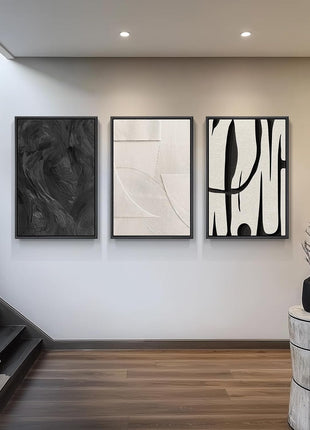 Large Framed Black and White Abstract Canvas Art Set - 3-Piece Modern Wall Decor for Living Room, Minimalist Artwork for Hallway and Office, 24x36 Inches