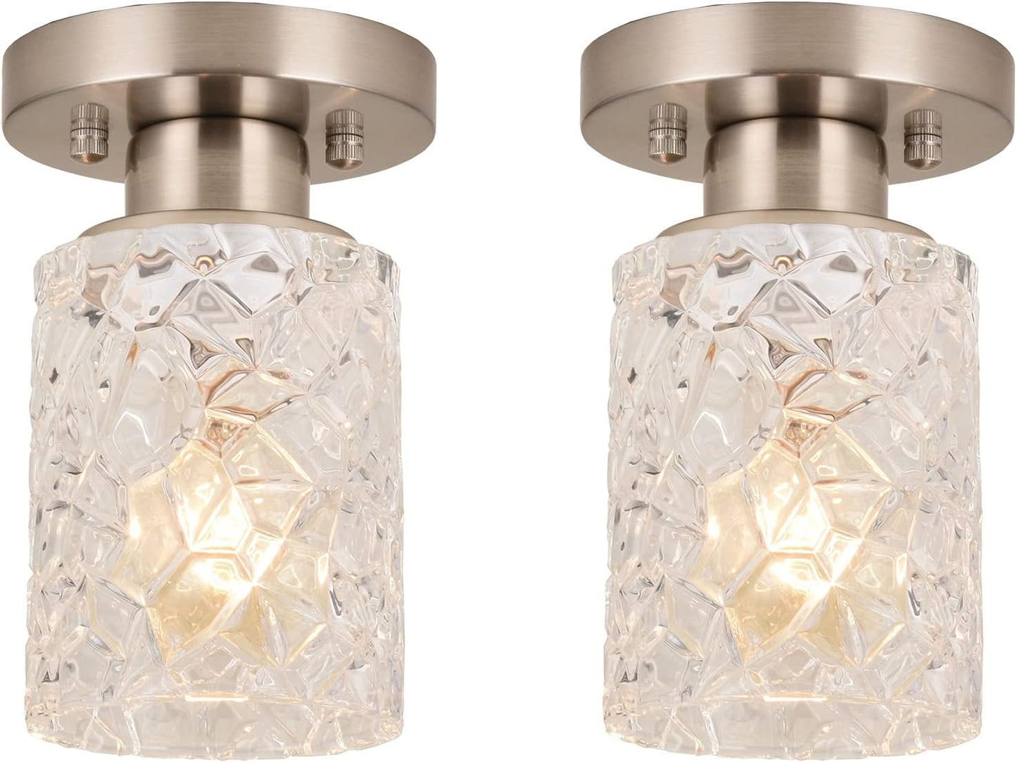 2 Pack Semi Flush Mount Ceiling Light, Clear Geometric Glass Shade, Brushed Nickel Farmhouse Light Fixture for Hallway, Laundry Room, Kitchen,Bathroom and Foyer AL9082-S2