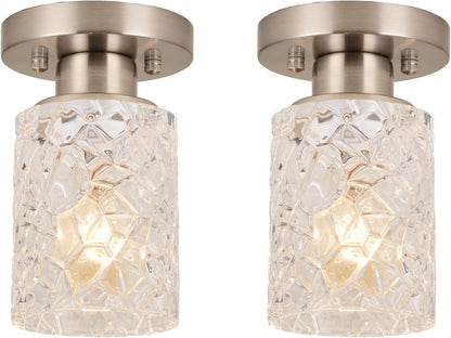 2 Pack Semi Flush Mount Ceiling Light, Clear Geometric Glass Shade, Brushed Nickel Farmhouse Light Fixture for Hallway, Laundry Room, Kitchen,Bathroom and Foyer AL9082-S2