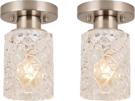 2 Pack Semi Flush Mount Ceiling Light, Clear Geometric Glass Shade, Brushed Nickel Farmhouse Light Fixture for Hallway, Laundry Room, Kitchen,Bathroom and Foyer AL9082-S2